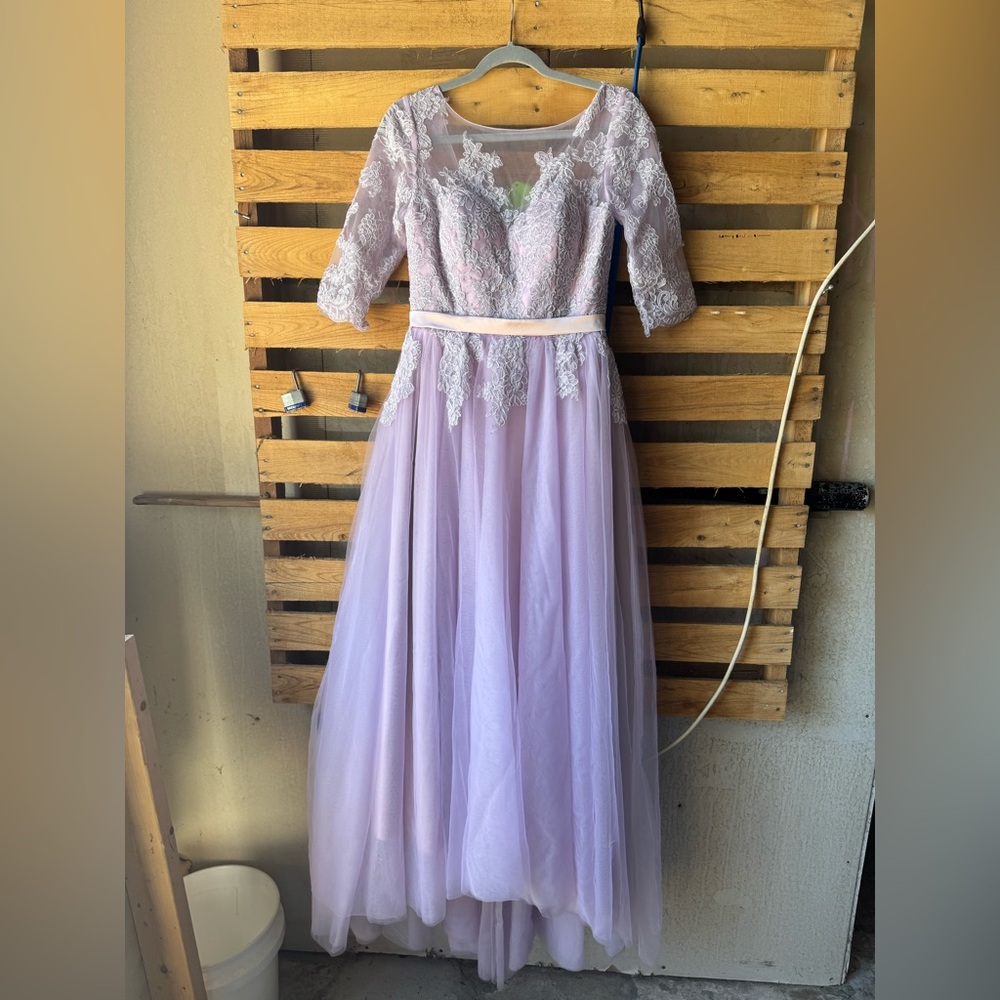 Lavender Lace Gown with Sheer Sleeves